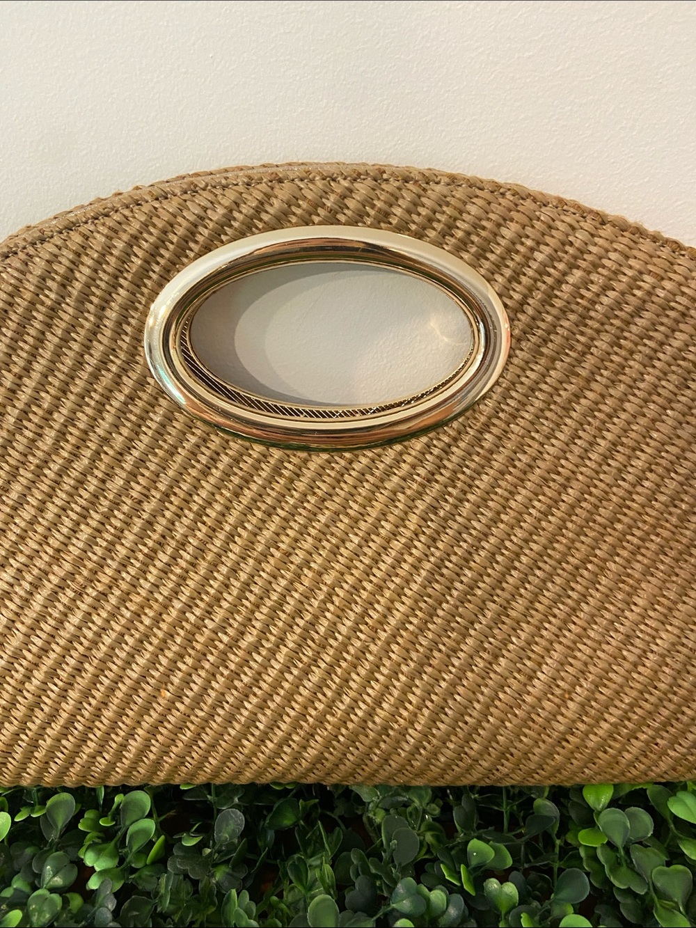 Olga Berg Tan Woven Half-Moon Clutch with Gold Oval Handle - Picture 3 of 7